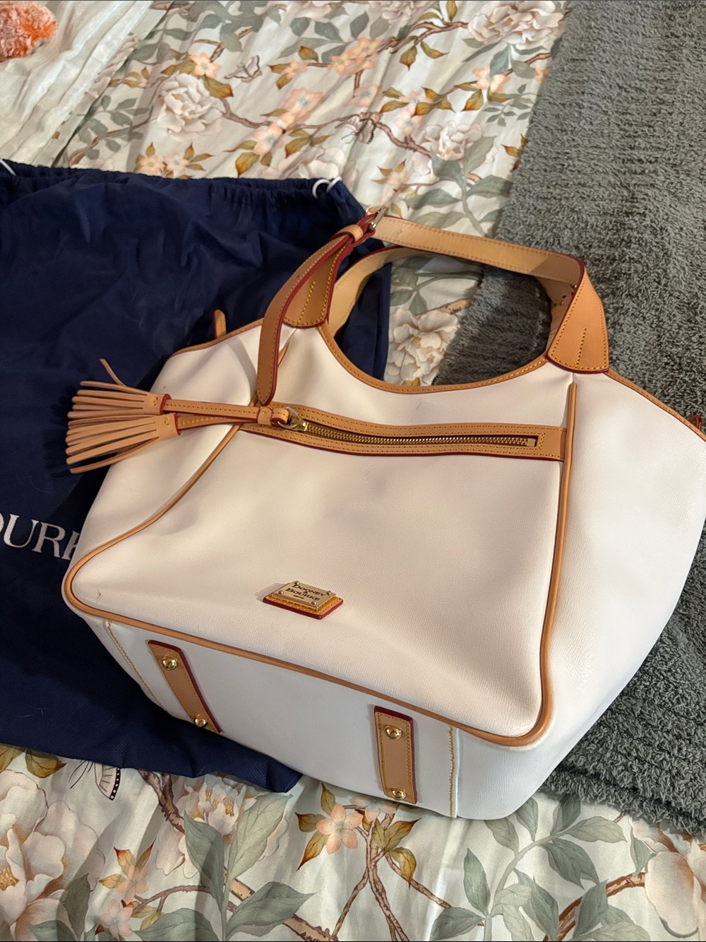 Dooney & Bourke White Leather Shoulder Bag with Tan Trim and Tassel Accent